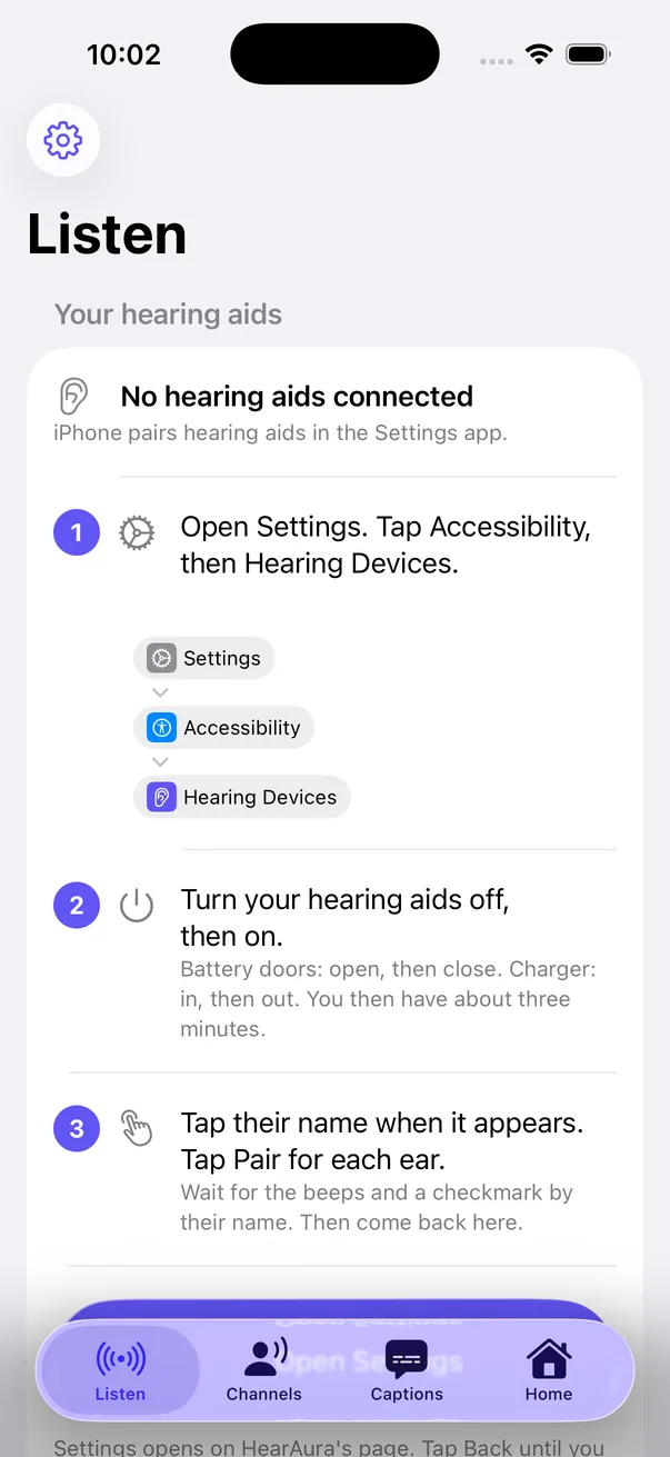 The Listen tab walking through pairing hearing aids in iPhone Settings, in three numbered steps.